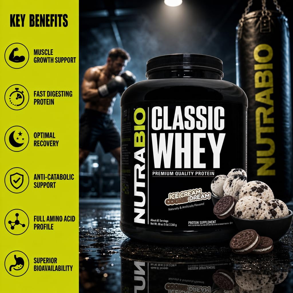 NutraBio Classic Whey Protein Powder- Full-Spectrum Amino Acid Profile - No Fillers, Artificial Colors, Preservatives - Low Glycemic Index - Ice Cream Cookie Dream, 5 Pounds