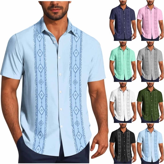 ZVAVZ Mens Cuban Collar Shirts Summer Guayabera Button Down Shirt Short Sleeve Oversized Vacation Tops Summer Lightweight Resort Wear Gray S