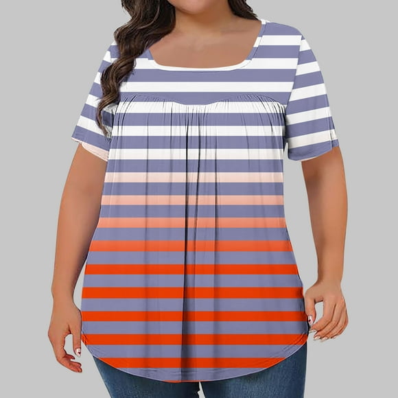 Frostluinai Womens Plus Size Pleated T Shirts Short Sleeve Square Neck Striped Tops Casual Dressy Business Work Shirts Color Block Tunic Tops