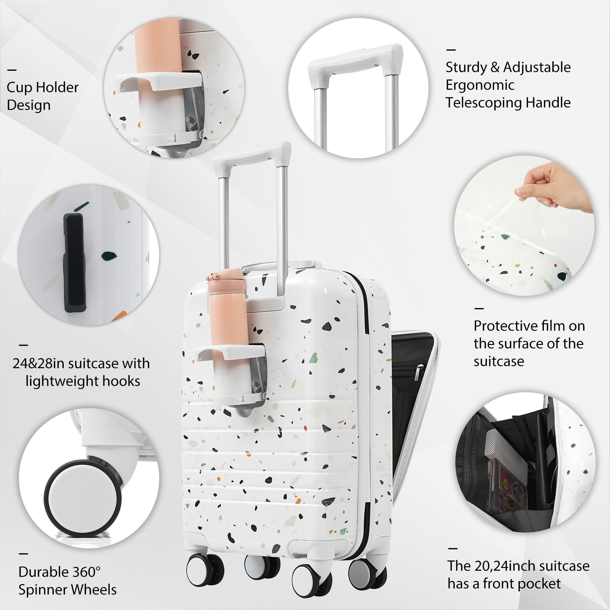 Noaman 3-Piece Luggage Set with USB Port, ABS+PC Spinner Wheels Ivory