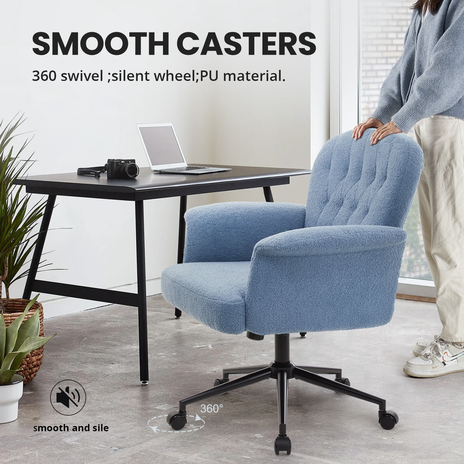 Office Chair for Home, Vanity Chair, Ergonomic Upholstered Modern Makeup Chairs with Wheels, Adjustable Height, for Bedroom, Living Room
