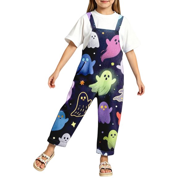 Ruyang Halloween Girls Overalls Cute Colorful Ghost Printed Adjustable Strap Jumpsuits Summer Kids Straight Leg Casual Rompers 