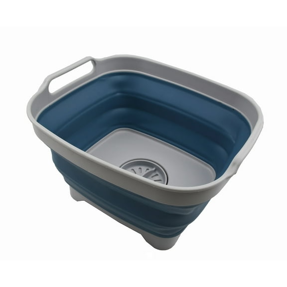 SAMMART 7.5L (2 Gallons) Collapsible Dishpan with Draining Plug - Foldable Washing Basin - Portable Dish Washing Tub - Space Saving Kitchen Storage Tray