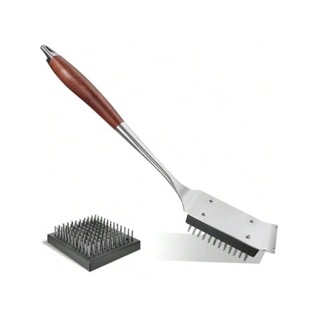 Heavy-Duty Grill Brush & Scraper with Secure-Fit Reinforced Stainless Steel Bristles, Wood Handle, Replacement Head, Bottle Opener, BBQ Cleaner for Gas, Charcoal, Electric Grills, Safe for All Grates