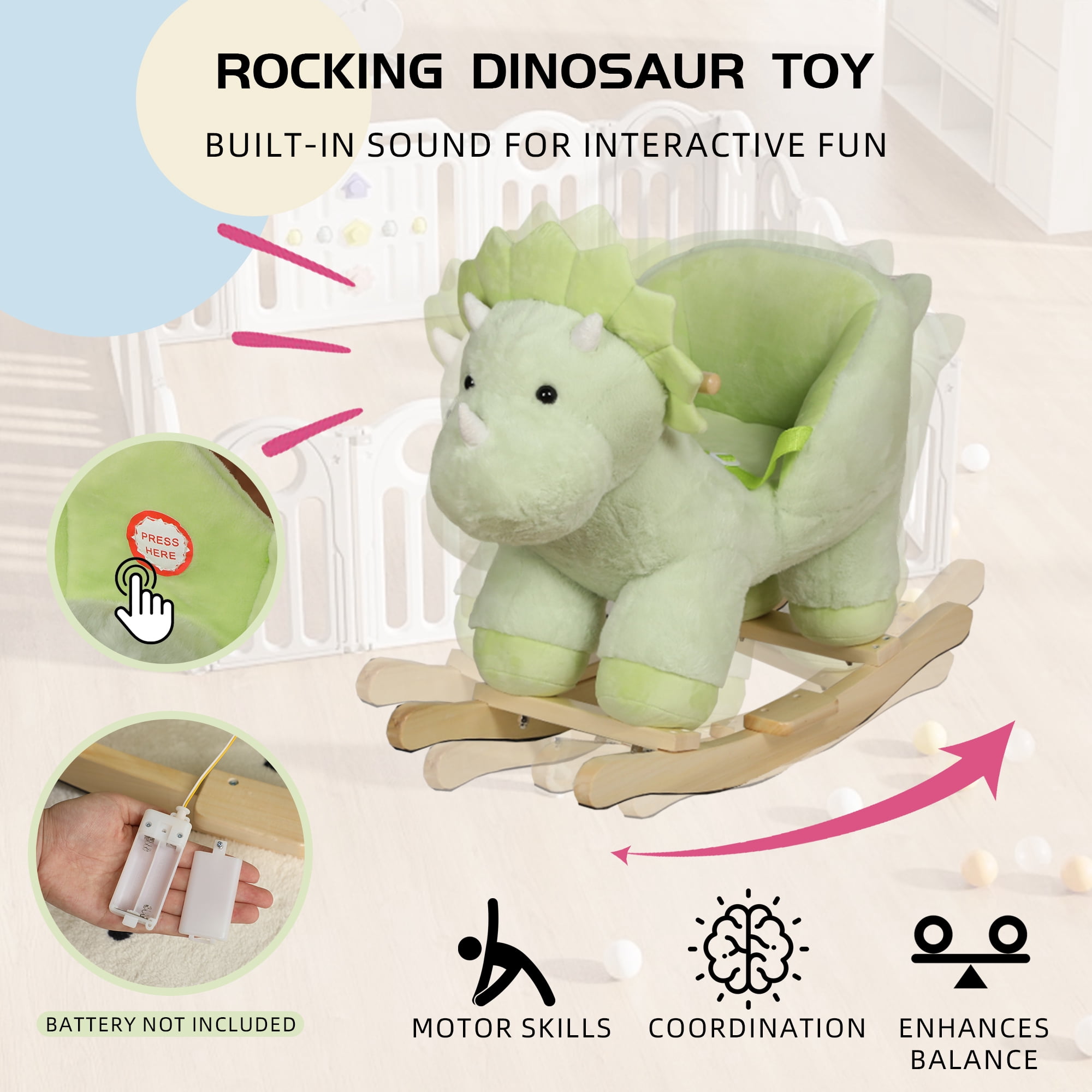 Alvantor Kids Ride on Rocking Horse for 1-3 Years Plush Dinosaur Rocking Toy with Music and Safety Belt Green