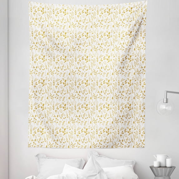 Floral Tapestry, Spring Season Nature Illustration with Monochrome Flowers and Foliage Leaves, Fabric Wall Hanging Decor for Bedroom Living Room Dorm, 5 Sizes, Earth Yellow White, by Ambesonne