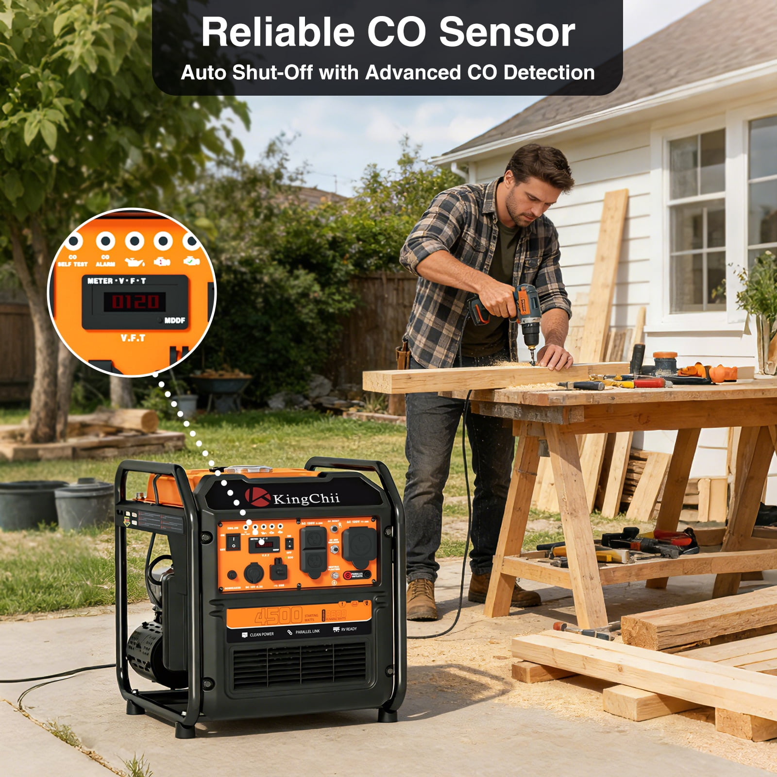 KingChii 4500W Inverter Generator Gas Powered, CO Sensor, ECO Mode, 30A RV Ready Outlet, Portable Outdoor Power Equipment for Camping & Home Backup, EPA Compliant