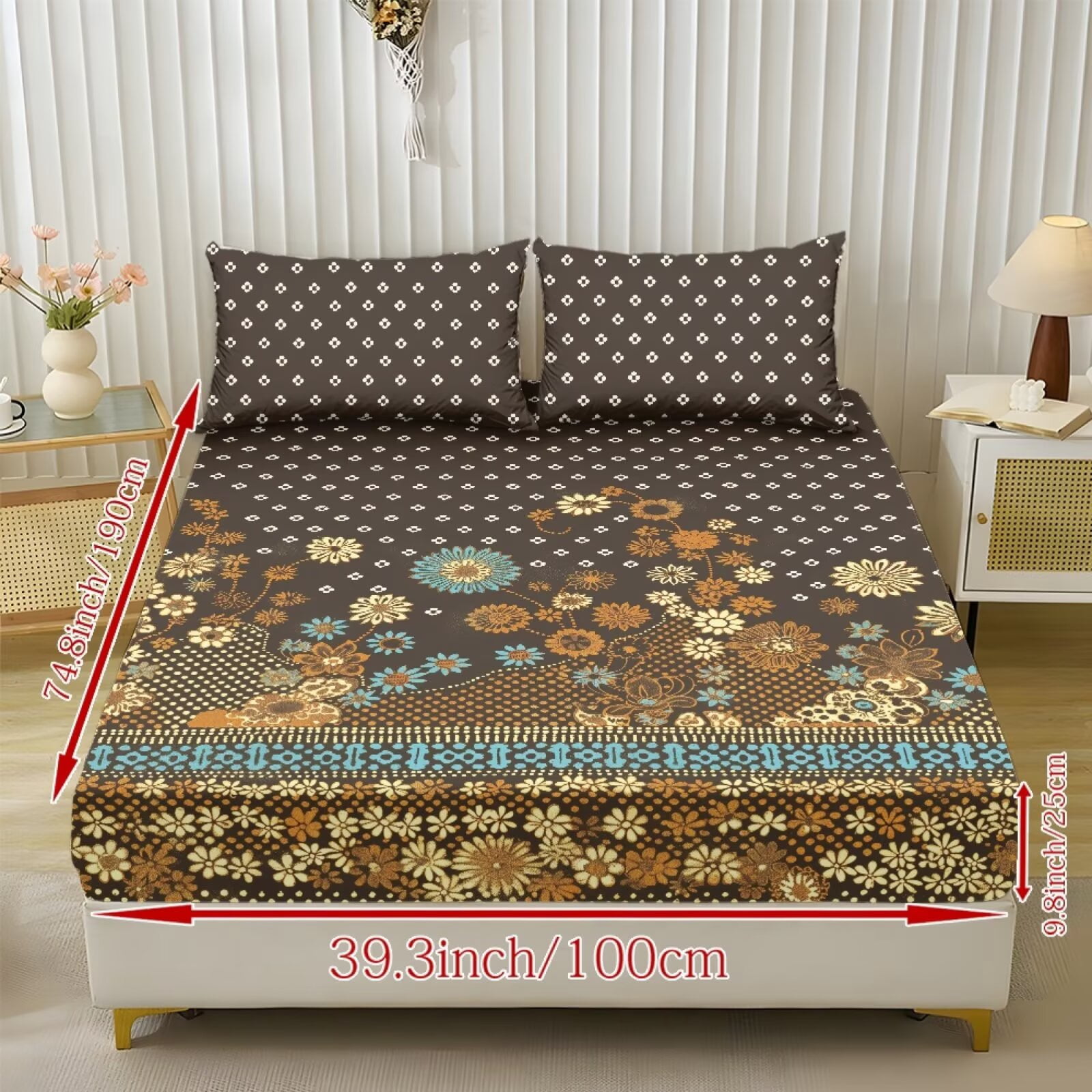 ZIATUBLES King Bed Sheets Set, 3-Piece Lightweight Comfy Bedding Set with Brown Vintage Floral Print, Soft Breathable Fitted Sheet with Elasticized 9.8" Pocket and 2 Pillowcases