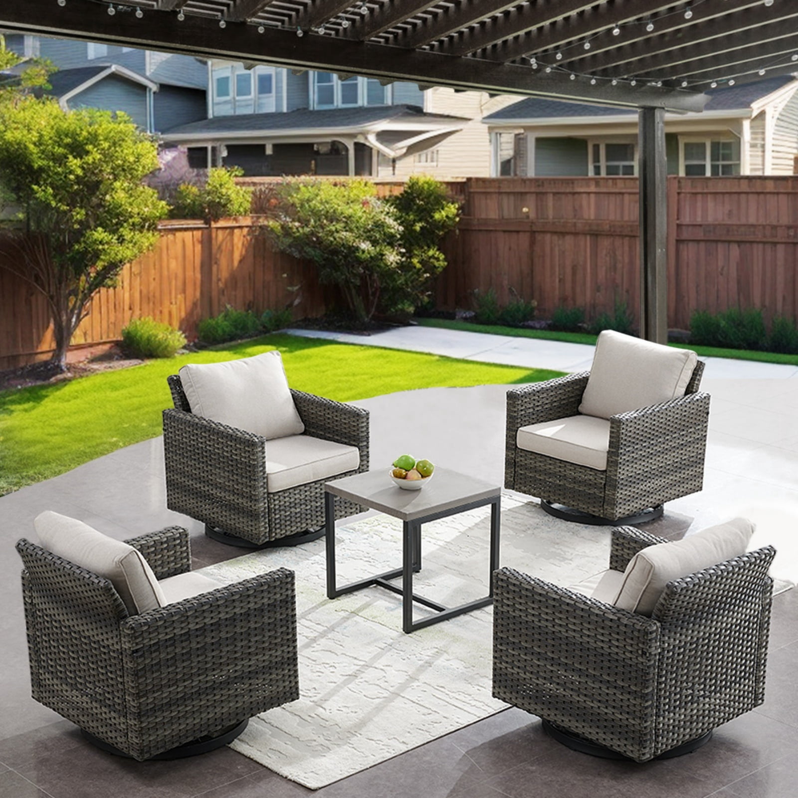 Bellefurn Wicker Outdoor Patio Furniture Set - 5 Piece Outdoor Conversation Set with 4 Patio Swivel Rocker Chairs and 1 Side Table,for Outside Porch Deck Backyard