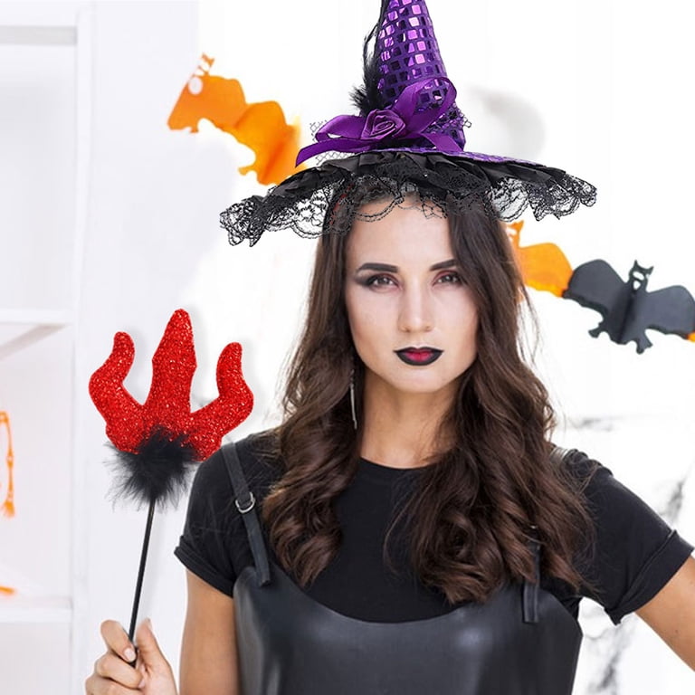 Witch Headband Sequin Lace Veils Costume Accessories Halloween for Women Loyerfyivos Halloween Witch Hat, Witches Wizard Accessories  main image 4