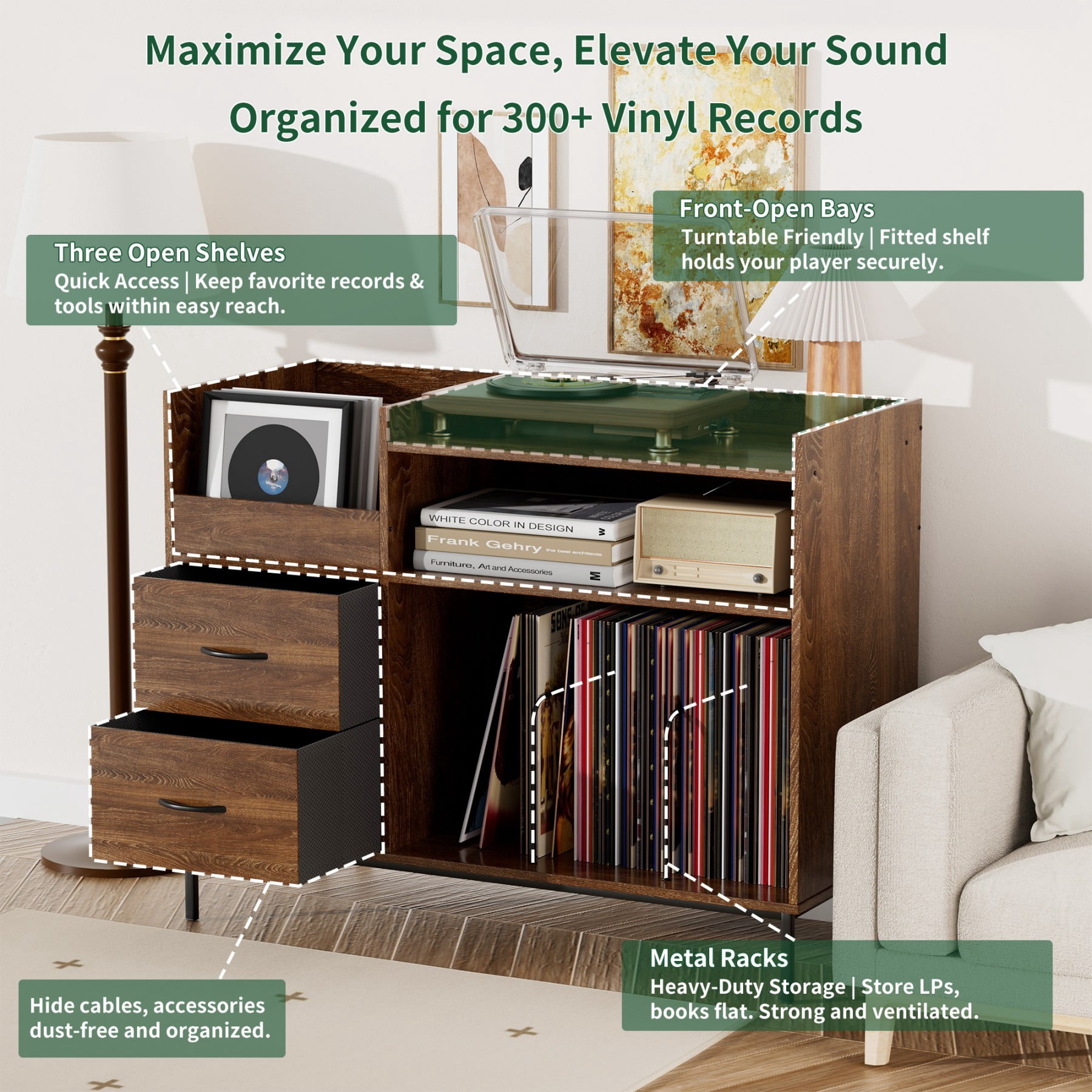 Record Player Stand,Turntable Stand with Record Storage for Vinyl up to 350 Albums for Living Room,Bedroom,Brown