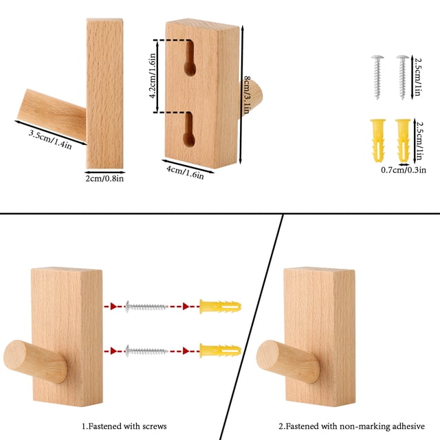 Ganchos adhesivos para ropa Jadeshay Ganchos de Madera para pared Amarillo Marrón 4 × 8 cm