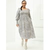 ELOQUII Elements Women's Plus Size Dandelion Print Midi Dress with Smocked Bodice