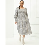 ELOQUII Elements Women's Plus Size Dandelion Print Midi Dress with Smocked Bodice