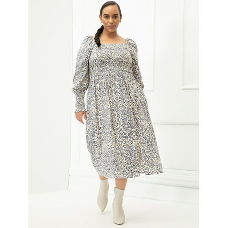 ELOQUII Elements Women's Plus Size Dandelion Print Midi Dress with Smocked Bodice
