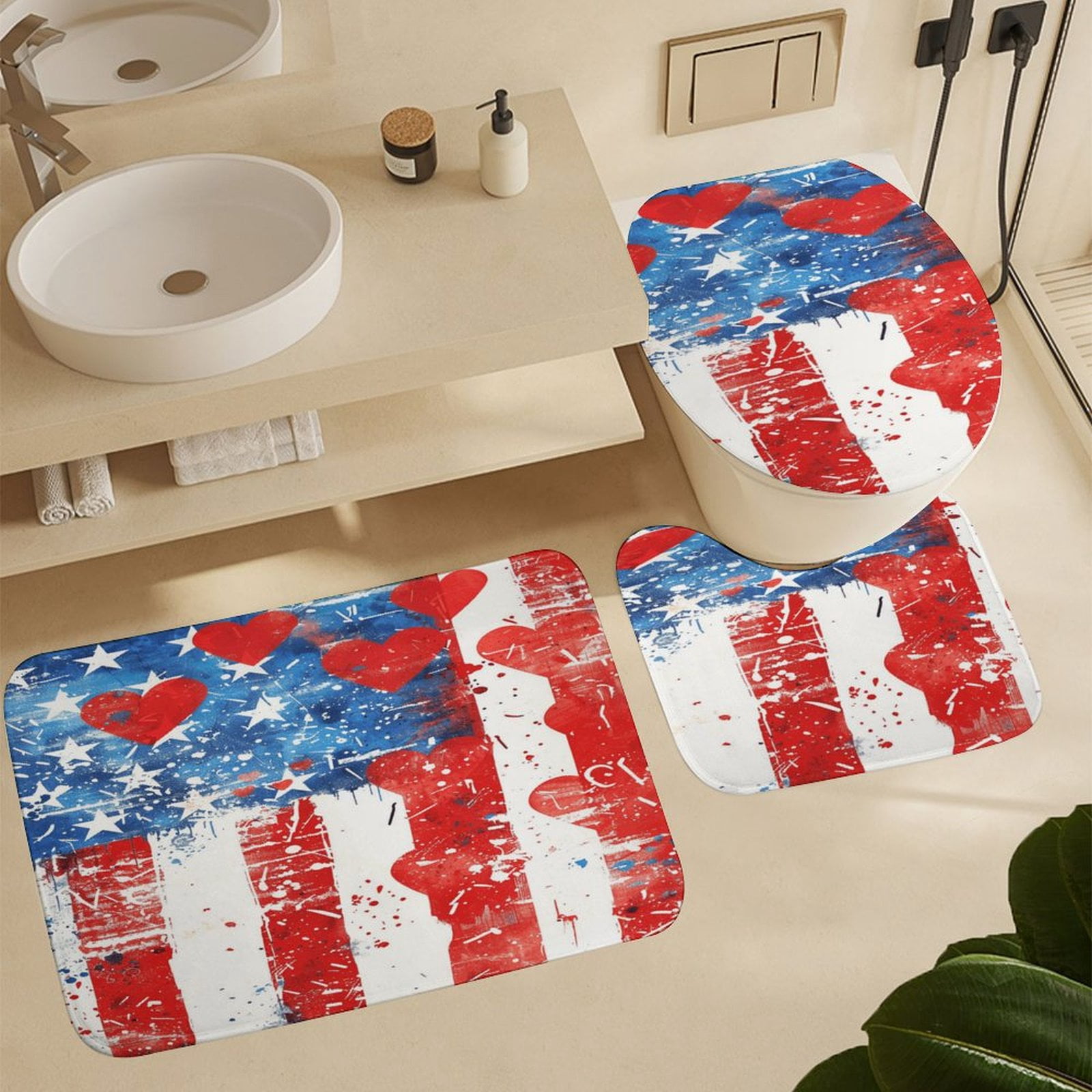 4th of July 4Pcs Shower Curtain Set Shower Curtain Set with Carpet Bath Mat