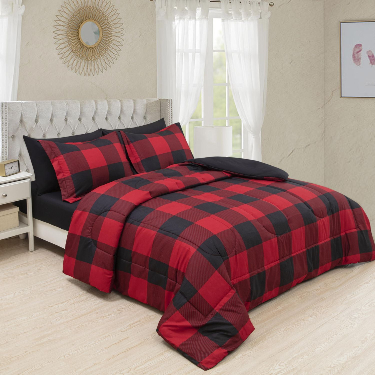 Marina Decoration Ultra Soft Luxury Fluffy Goose Down Alternative Bed in a Bag Rich Printed Comforter Set Includes Sheet Set, Red Black Plaid Pattern