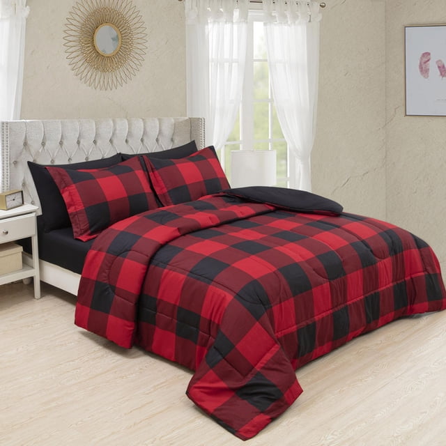 Ultra soft red and black plaid printed comforter set with matching pillow shams on a tufted headboard bed in a light, airy bedroom.