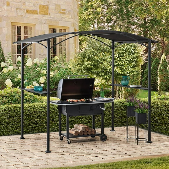 Sunjoy 5 ft. x 8 ft. Black Steel Frame Soft Top Grill Gazebo with Arch Canopy for Outdoor, Patio, Garden, Backyard Activities