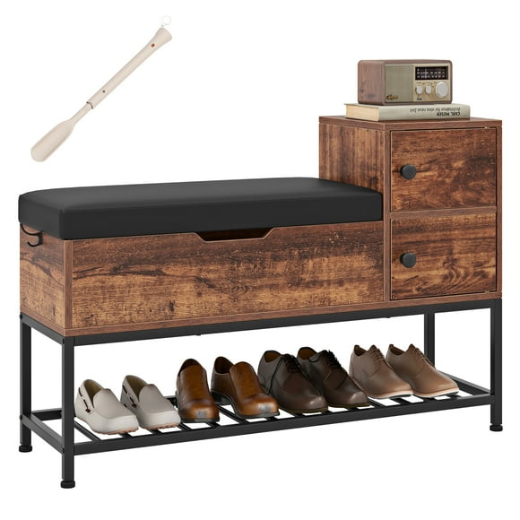 Gymax Entryway Bench Shoe Bench w/ Flip Top Box & 2 Door Cabinets PVC Seat Cushion