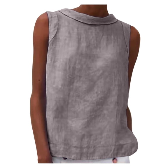 Staron Women Linen Crew Neck Sleeveless Solid Casual Comfy Vacation Beach Loose Tank Tops Square Neck Summer Tank Top, Gray L