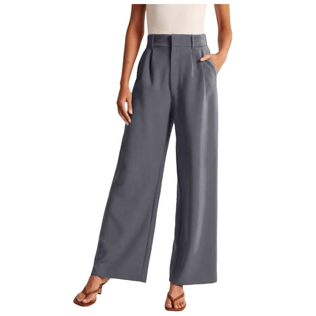 Women's Wide Leg High Waisted Dress Pants - Work/Business Casual, Flowy Trousers, Polyester/Spandex, Button Closure, Multiple Sizes