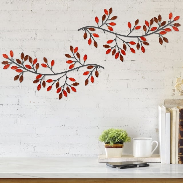 Decoración de Pared Dznils 2 Pzas de Hojas de Árbol de Metal Rojo