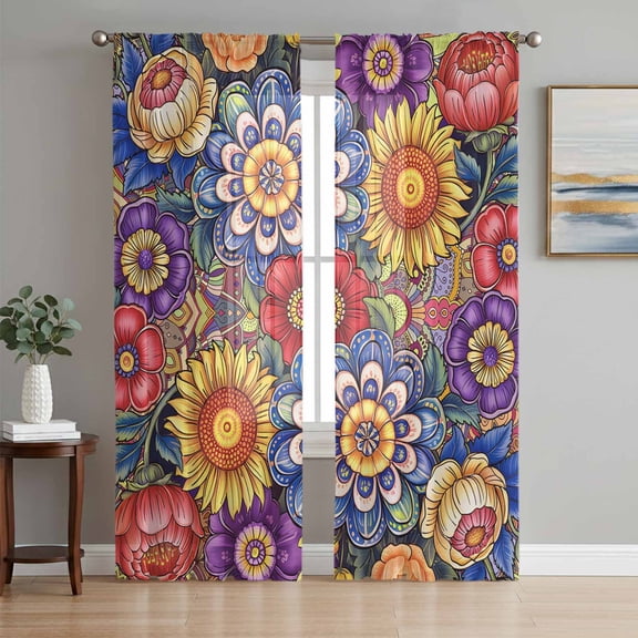 Boho Blue Flower Sheer Curtains 84 Inch Length 2 Panels Set Window Treatments, Spring Bohemia Chic Red Yellow Floral Rod Pocket Semi Curtains for Living Room/Bedroom/Kitchen Décor, 104"W x 84"L