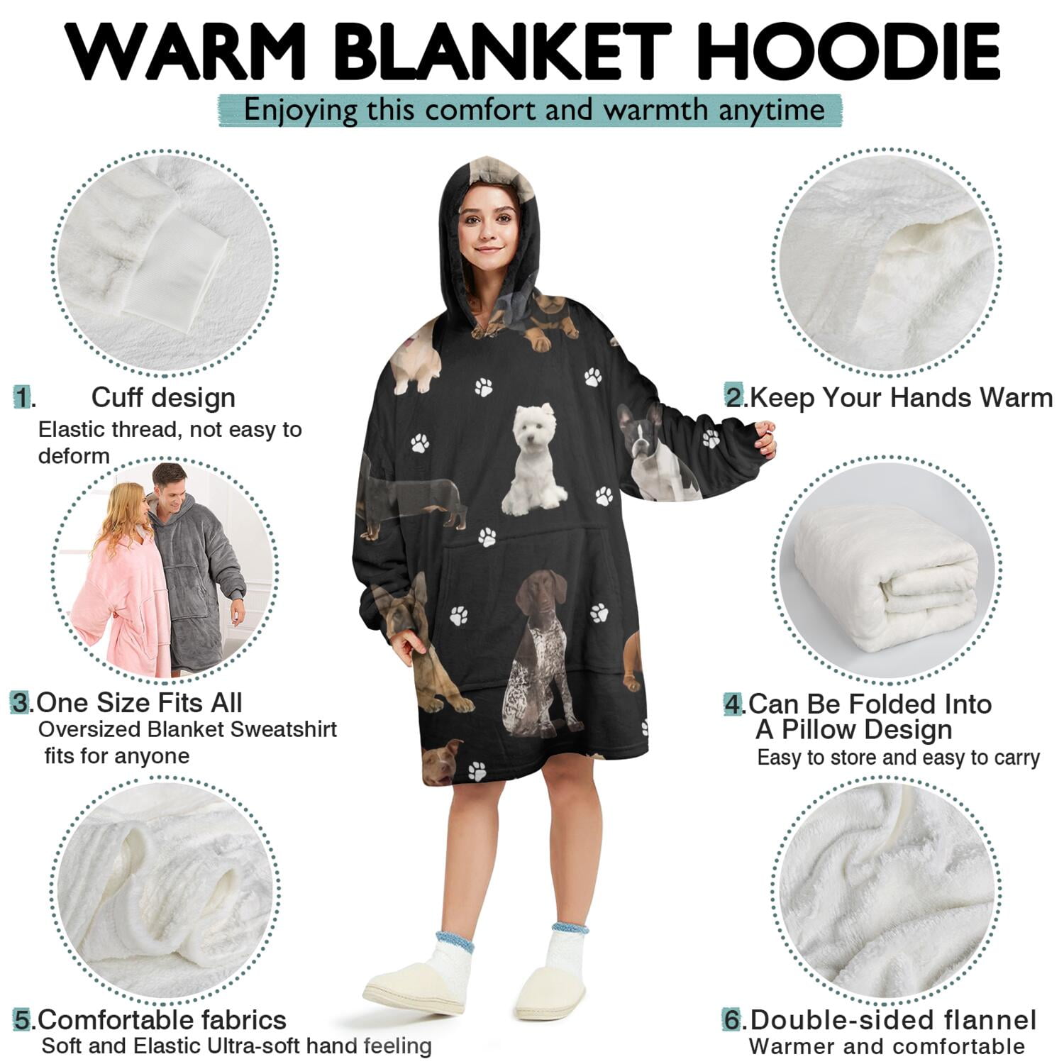 Wearable Oversized Blanket,Dog Breeds Wearable Blanket Hoodie for Adults,Cozy Hooded Blankets with Super Pockets,Super Warm Fuzzy Pullover for Women & Men