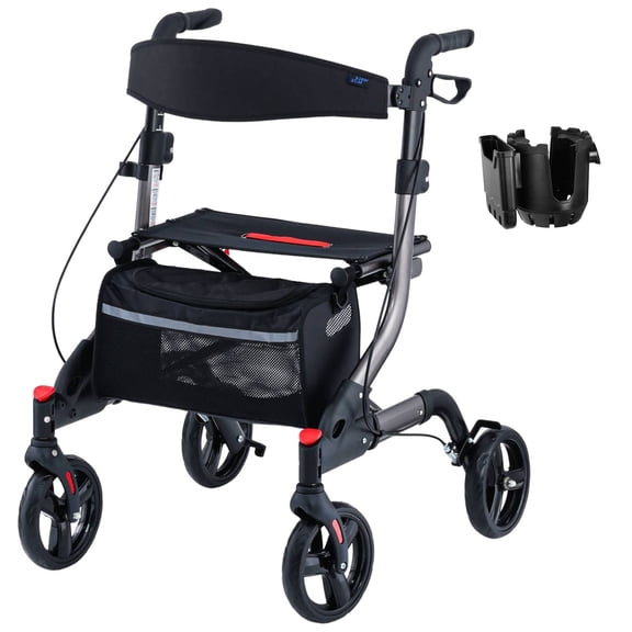 Rollator Walker for Seniors with Seat, Lightweight Foldable All Terrain Rolling Walker, Aluminum Walkers with 8" Rubber Wheels, 17" Big Seat, 6-Level Adjustable Height, 350 lb Capacity, Grey
