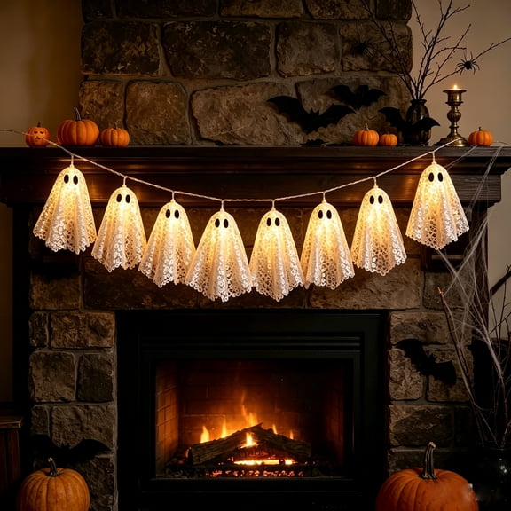 Halloween Ghost String Lights, 6.56Ft Indoor Halloween Decorations Lights with 10 White Ghosts Lights Waterproof Battery Operated, Hanging Ghosts Fairy Lights for Home Party Fireplace Mantle Window