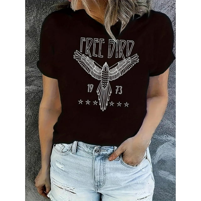 Camisetas para mujer, de verano, casual, manga corta, cuello redondo, con estampado, color blanco negro, blusaWomen's Casual Bird Print T-Shirt - Comfy Crew Neck Short Sleeve Top, Stretchy Polyester