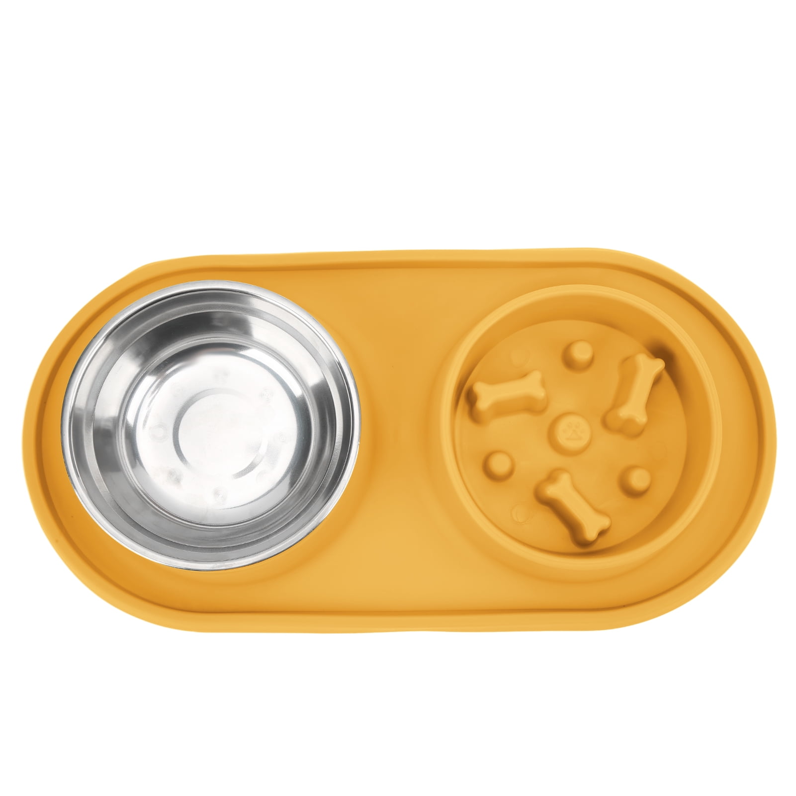 BOKYAN Silicone Slow Feeder Dog Bowl Set Double Pet Bowls with Stainless Steel Water Bowl Anti-Skid Removable Tray for Dogs and Cats Yellow