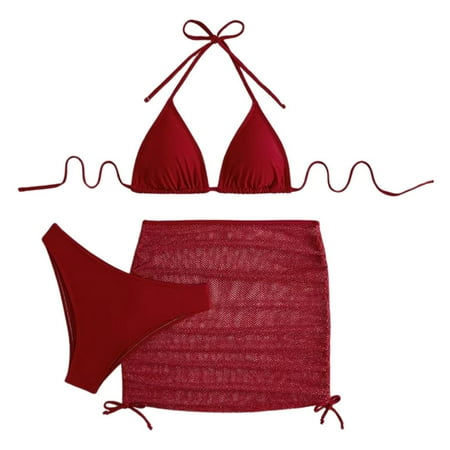 JIANJIA Womens Swimsuits Solid Color Sexy Backless Lace Up Halter Brassiere With Thongs Swimsuit Skirts Three Piece Bikinis Swimwears Beachwear  Red Xl