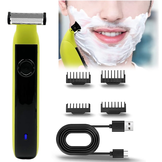 fiudx afeitadora en seco y húmedo herramienta versátil para el cuidado personal, recortadora ergonómica verde y negra en vista frontal con placa de afeitado, rueda de ajuste y indicador LED; incluye cuatro peines guía intercambiables y cable USB de carga, foto de uso con espuma mostrando recorte facial, para uso facial y corporal y adecuada para perfilar líneas de barba.