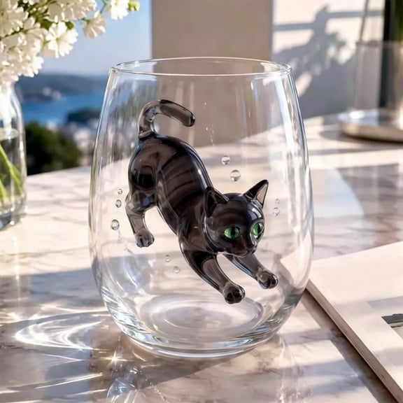 Cute Cat Pattern Clear Glass Tumbler 4.2" Everyday Drinking Cup Smooth Glassware for Hot & Cold Beverages