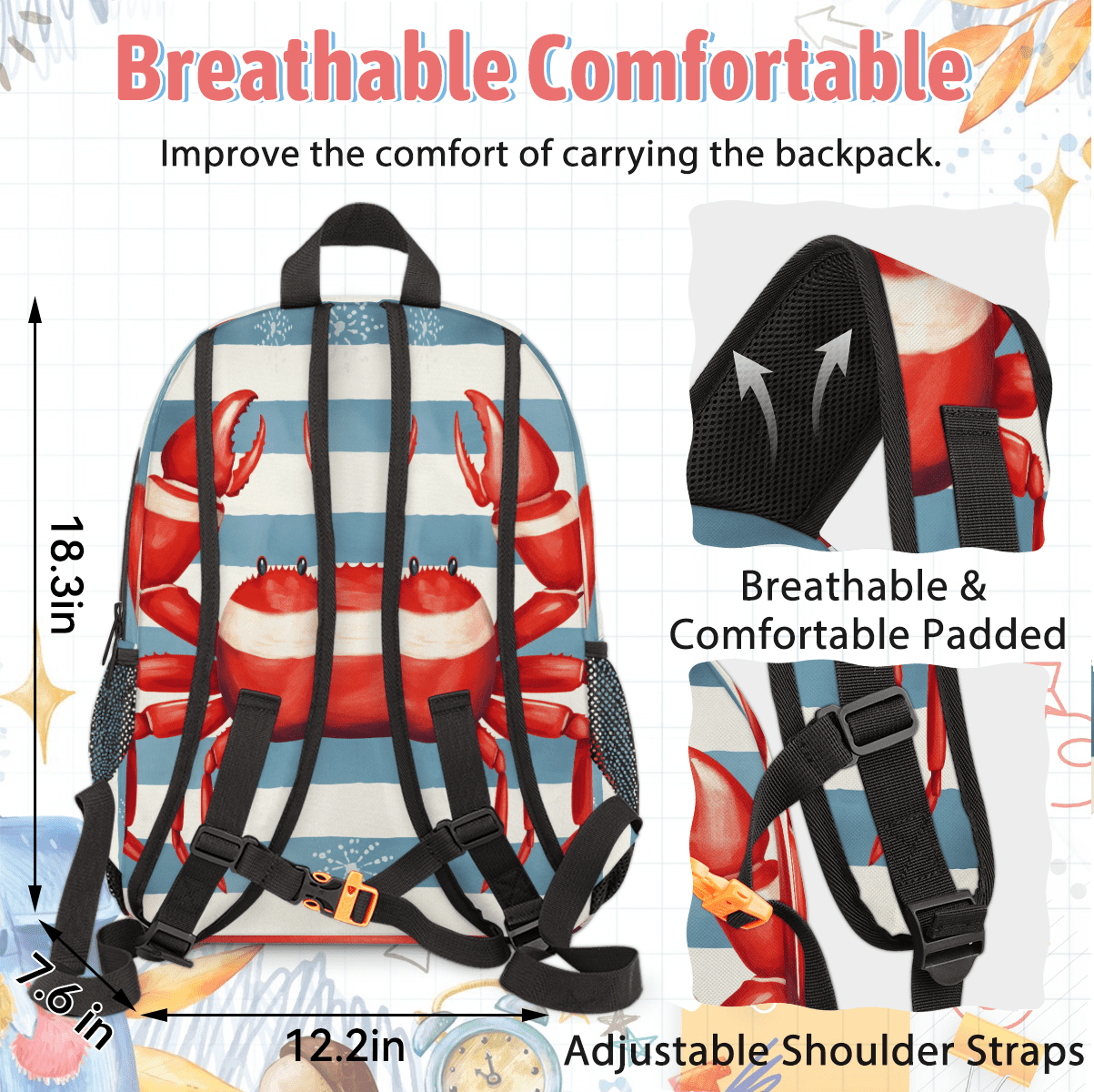 Herdesigns Crab Large Backpack Set with Lunch Box Lightweight Water Resistant Travel Laptop Backpacks Casual Daypacks for Women Men