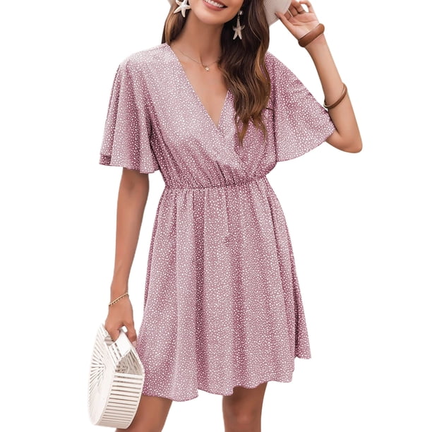Sunloudy Vestido casual de manga corta para mujer, a la moda, estampado de puntos, cuello en V, cintura alta, vestido de gasa Sunloudy S M L XL