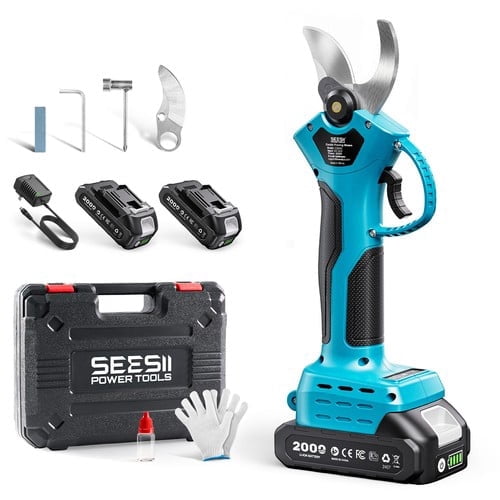 SEESII Electric Pruning Shears Cordless: 1.2" Cutting Diameter Power Pruner - 2 Pcs 2.0Ah Batteries, Brushless Motor, Extra SK5 Blade, 2 Modes Adjustable Branch Cutter for Tree Flower Trimming