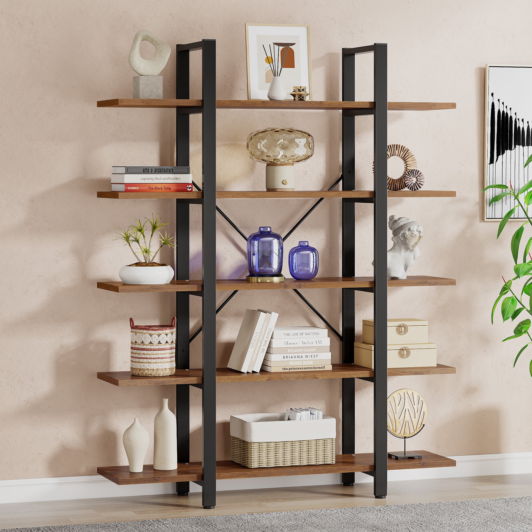 Tribesigns 5-Tier Bookshelf, Industrial 72 inch Bookcase, Vintage Brown