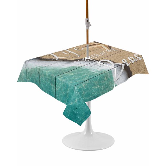 Outdoor Table Cloth with Umbrella Hole and Zipper, Beige Blue Summer Beach Waterproof Rectangle Tablecloth 54"x80", Coastal Nautical Starfish Ocean Washable Table Cover for Outside Party Patio Picnic