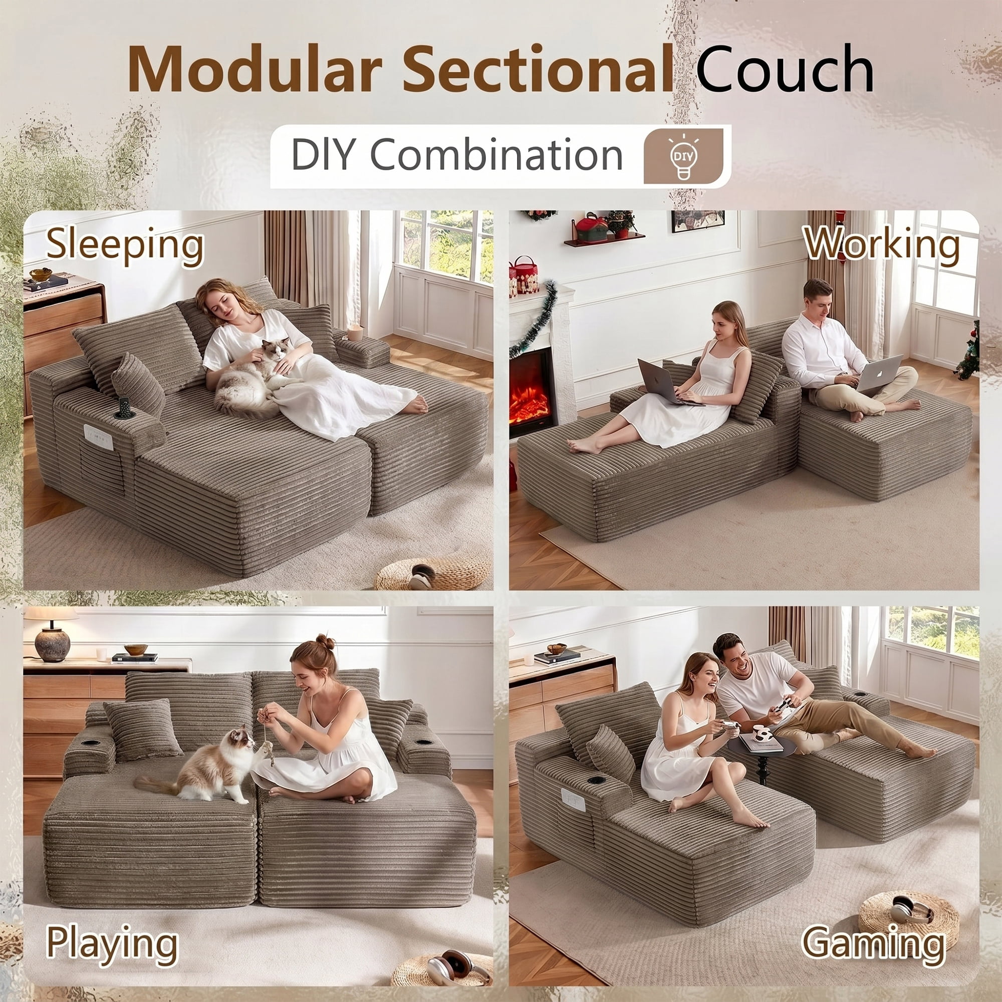 Aukfa 69" Oversized Double Chaise Lounge Boneless Couch Modular Loveseat Sleeper Sofa Bed for Living Room, 2 Cup Holders, Corduroy, Brown