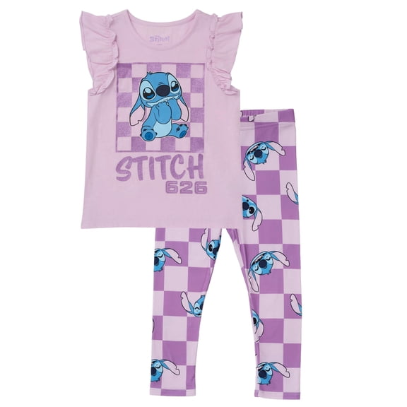 Disney Lilo & Stitch Outfits for Girls Short Glitter Ruffle Sleeve Shirt & Stretch Leggings Set for Toddler (Purple, 3T)