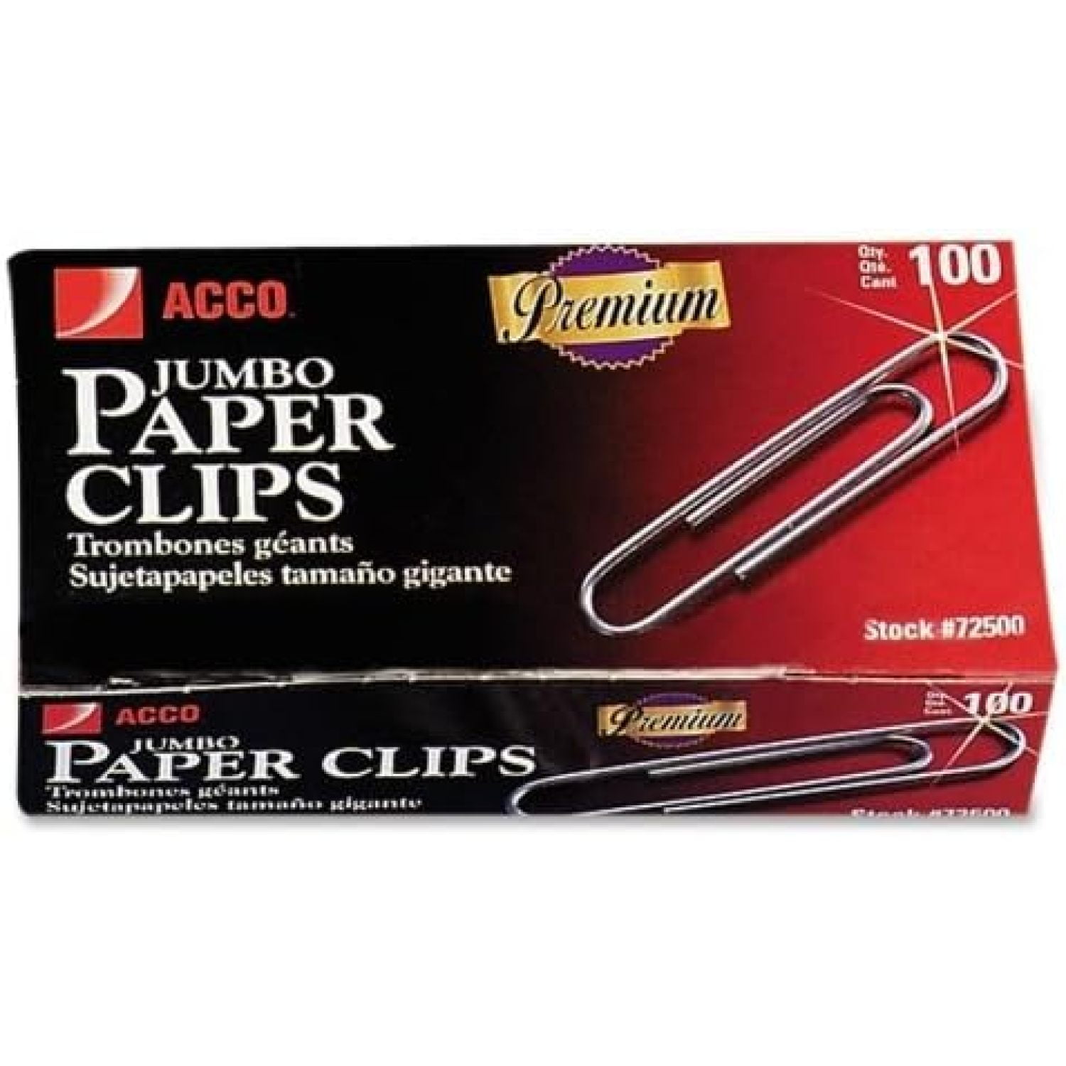 Acco Nonskid Premium Paper Clips, Wire, Jumbo, Silver, 100/Box, 10