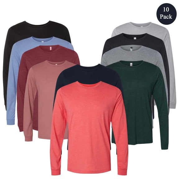 BELLA   CANVAS Men’s Long Sleeve T-Shirt, Multicolor Pullover Crew Neck Triblend Long Tee, ( 10 Pack, S )