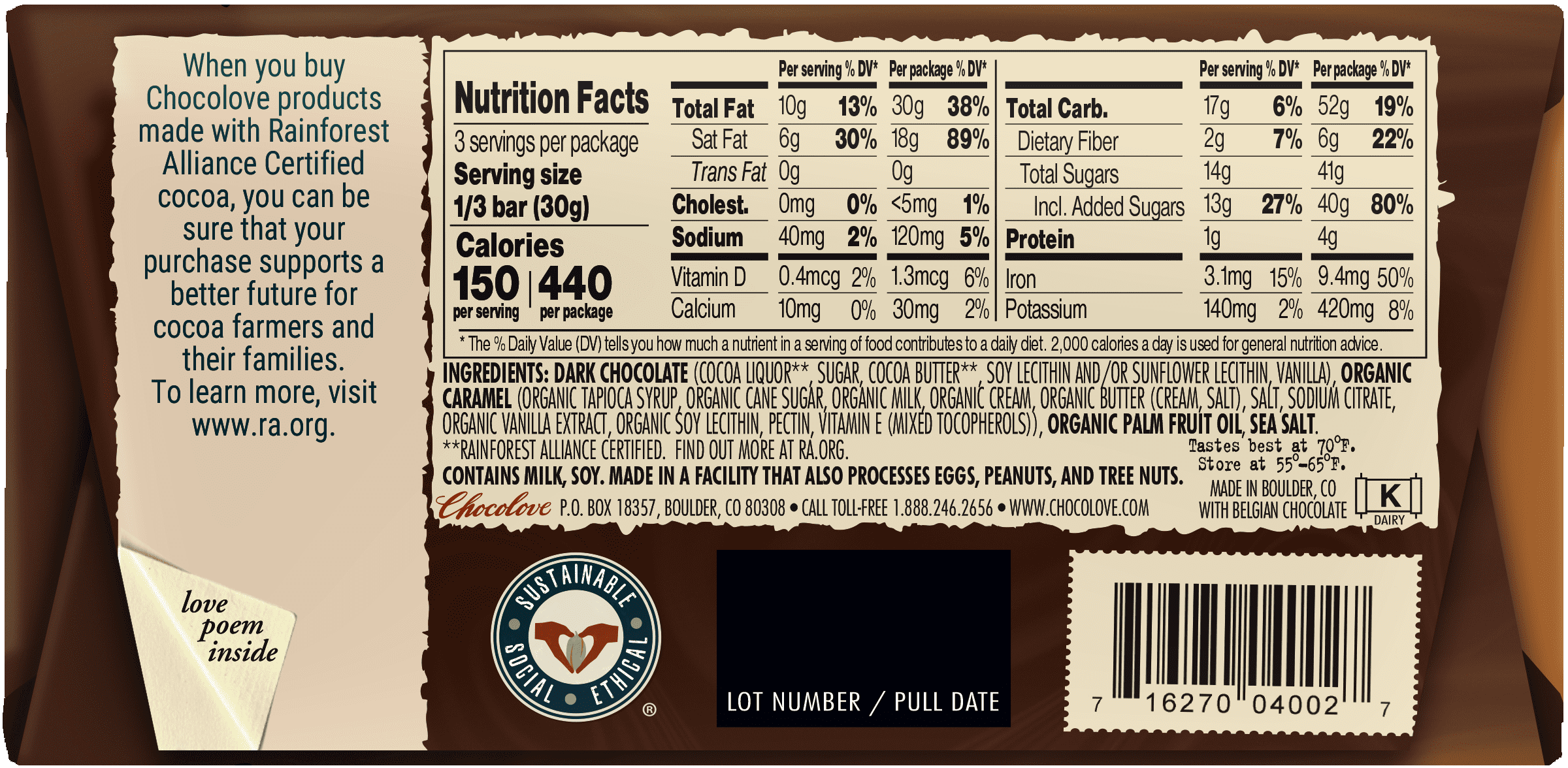 Pack of 10, Chocolove Salted Caramel in Dark Chocolate, 3.2 oz