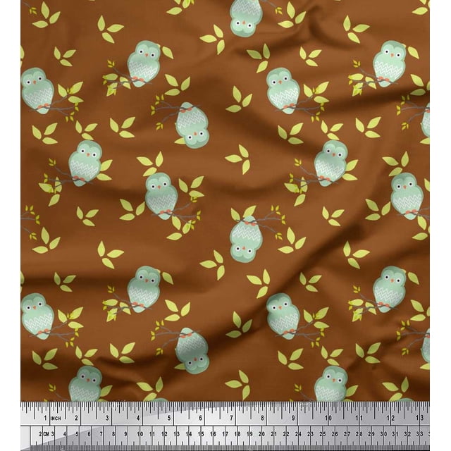 Soimoi Cotton Poplin Fabric Leaves & Owl Bird Printed Fabric 1 Yard 56 Inch Wide