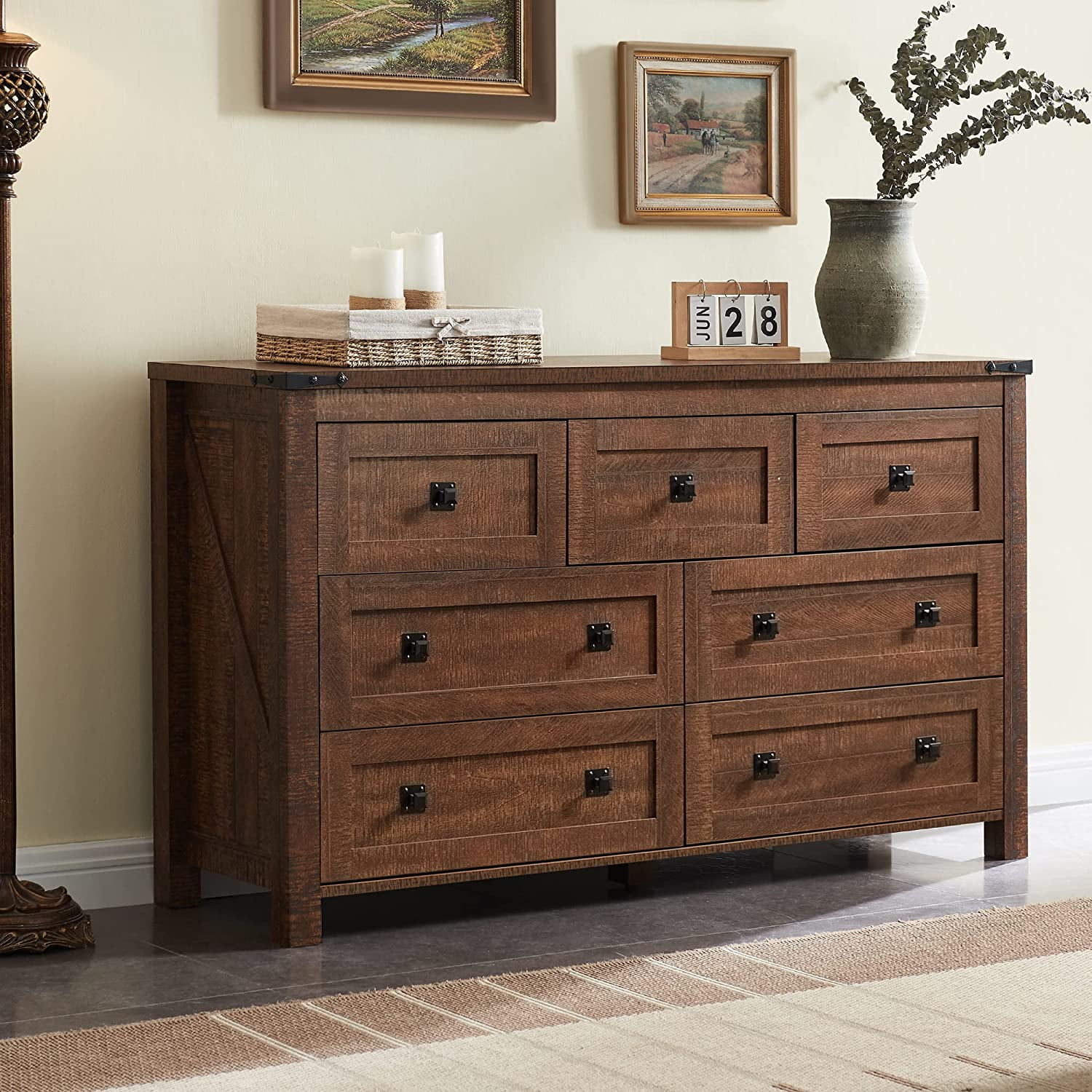OKD Wood Farmhouse 7 Drawers Dresser Storage Cabinet, Reclaimed Barnwood