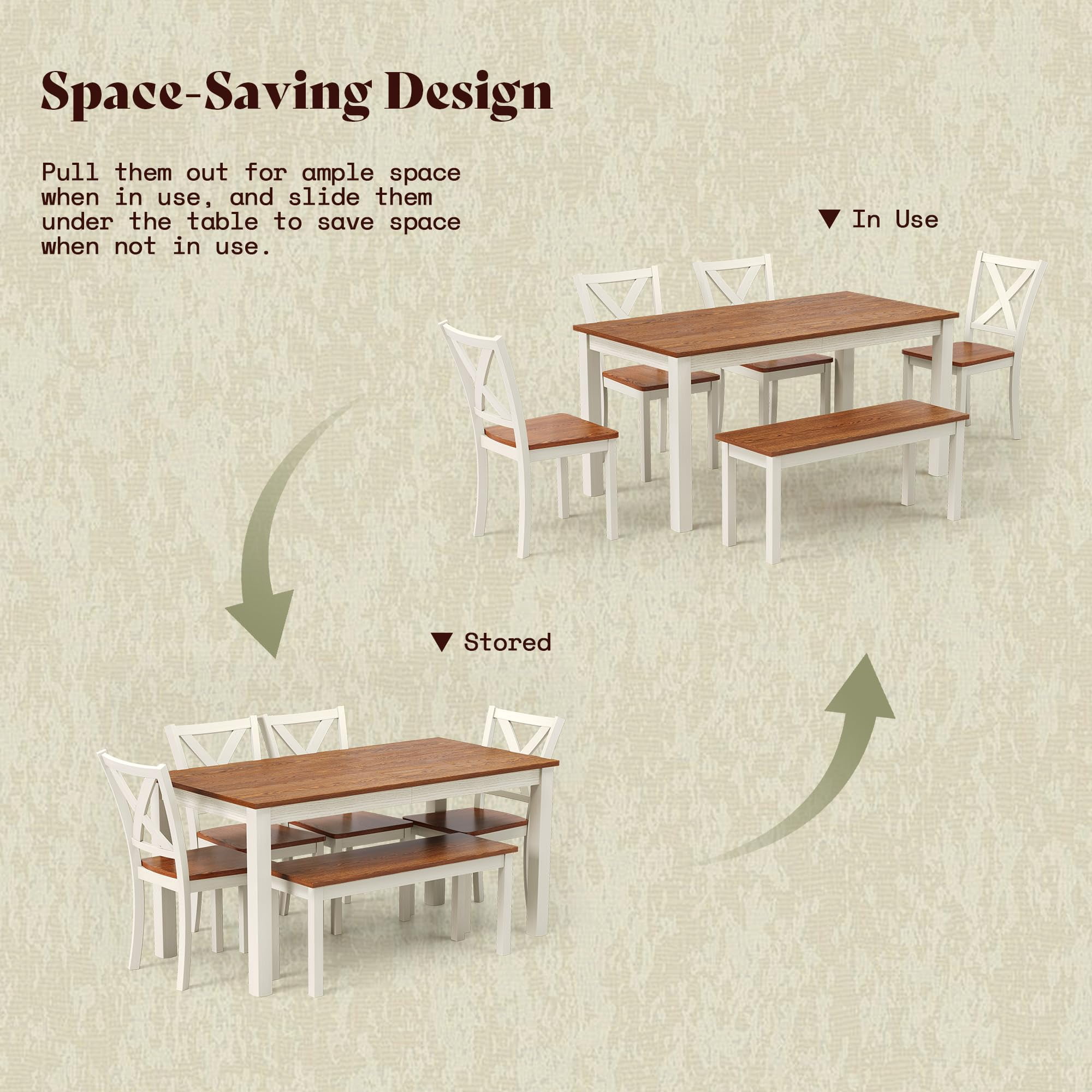 Merluxy 6-Piece Farmhouse Dining Table Set, 59" Wooden Table with 4 Chairs & Bench, Kitchen & Dining Room Set for 6, Walnut & White