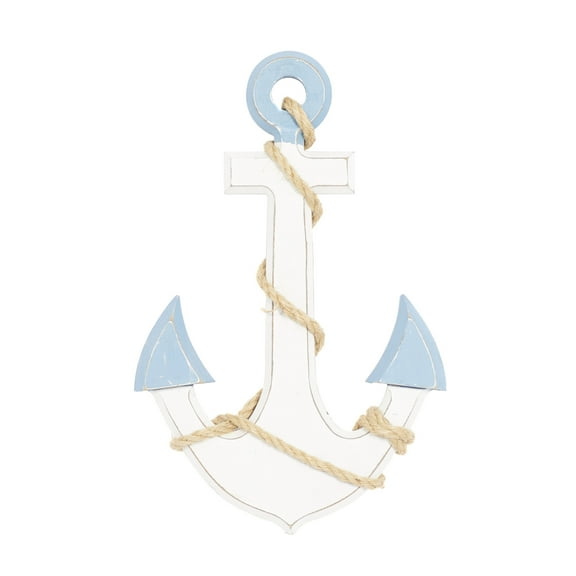 DecMode White Wood Anchor Wall Decor with Twisted Rope